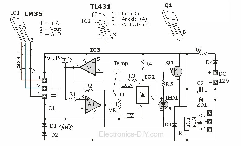 Thermostat Controller with Relay using LM35 and TL431