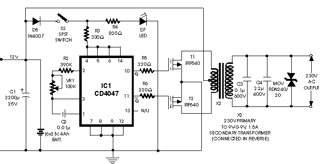 12V DC to 220V 100W Inverter with 4047 IC & IRF540