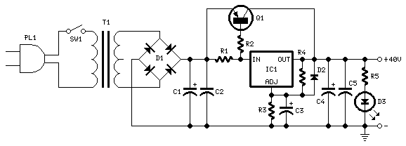 40V 2A LM317 & TIP42 Power Supply