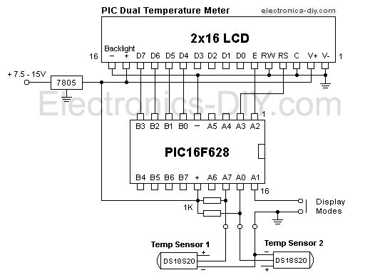 DS18S20 Dual Temperature Meter Schematic