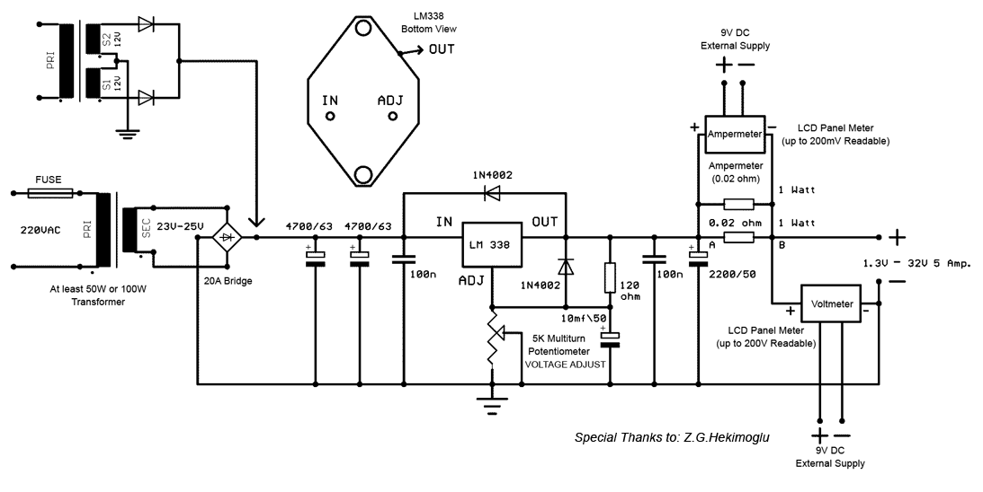 1.3 - 32 V / 5A Power Supply with Short Circuit Protection with LM338