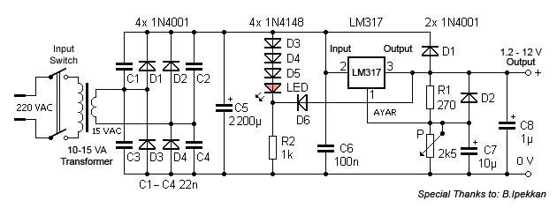 1.2 - 12V / 1A Low Voltage LED Indicator Power Supply with LM317
