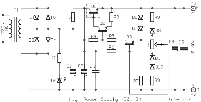 50V 3A Stabilized Power Supply with 2N3055